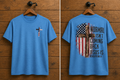 "Normal Isn't Coming Back Jesus Is front and back Christian t-shirt in Blue — American flag cross and Revelation 14 graphic by Pressed in Faith by Anna"