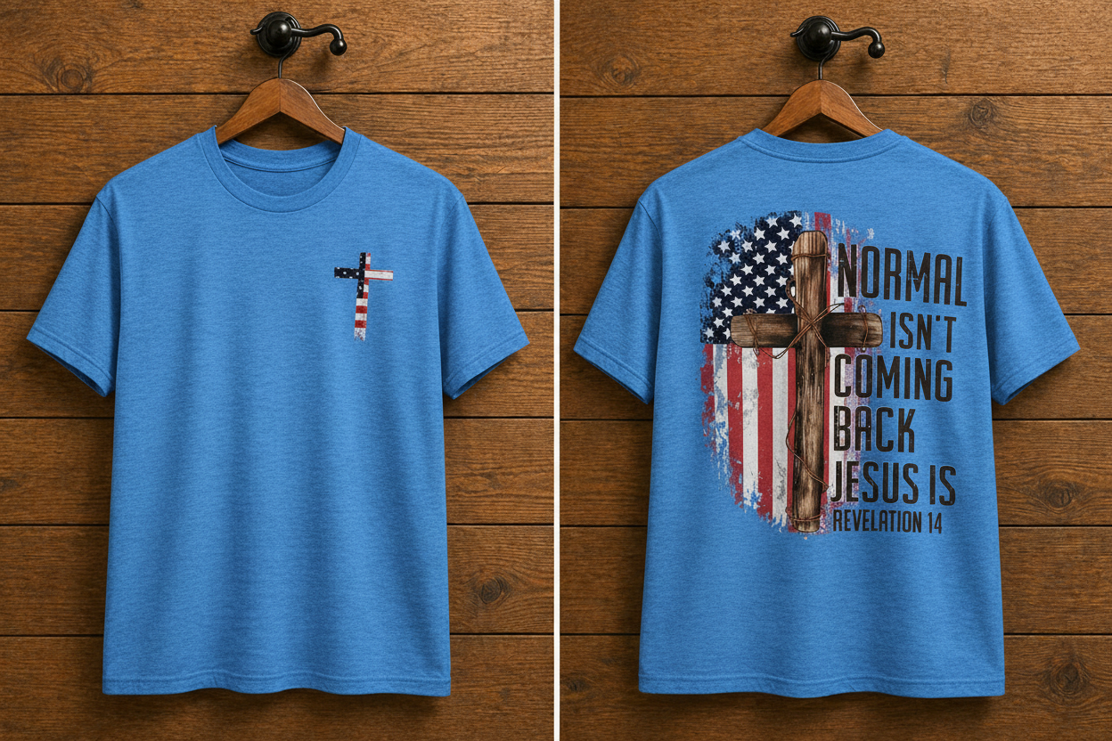 "Normal Isn't Coming Back Jesus Is front and back Christian t-shirt in Blue — American flag cross and Revelation 14 graphic by Pressed in Faith by Anna"