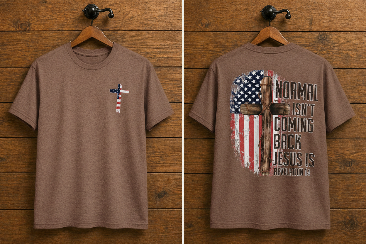  "Normal Isn't Coming Back Jesus Is front and back Christian t-shirt in Cocoa Mist — American flag cross and Revelation 14 graphic by Pressed in Faith by Anna"