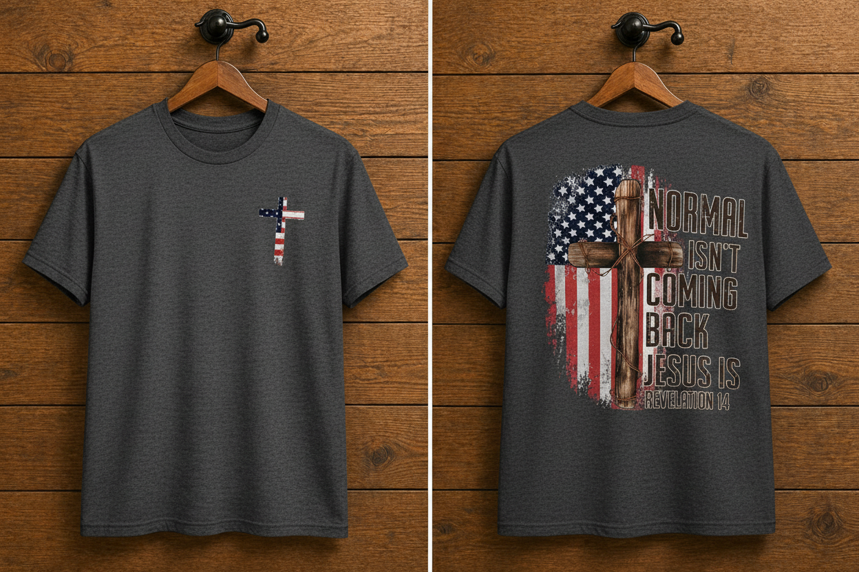 "Normal Isn't Coming Back Jesus Is front and back Christian t-shirt in Heather Dark Grey — American flag cross and Revelation 14 graphic by Pressed in Faith by Anna"