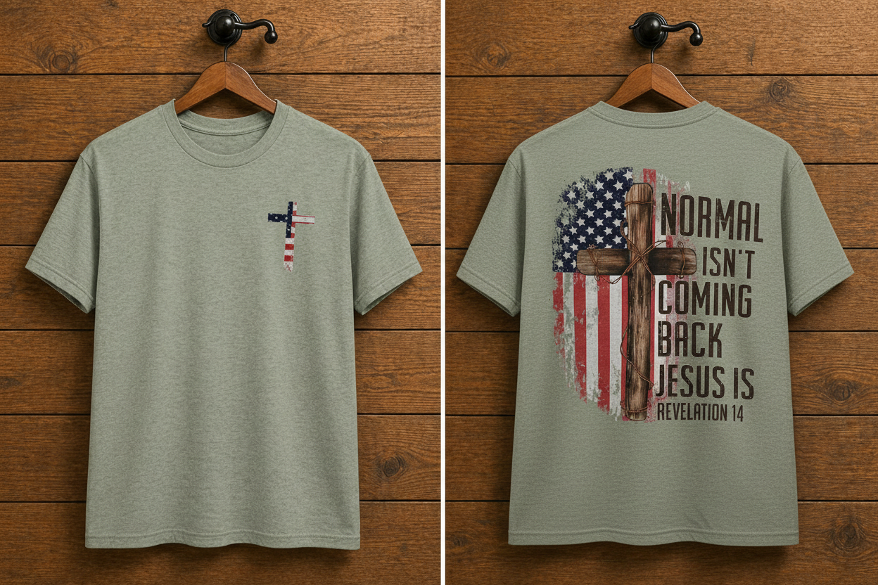  "Normal Isn't Coming Back Jesus Is front and back Christian t-shirt in Heather Military Green — American flag cross and Revelation 14 graphic by Pressed in Faith by Anna"