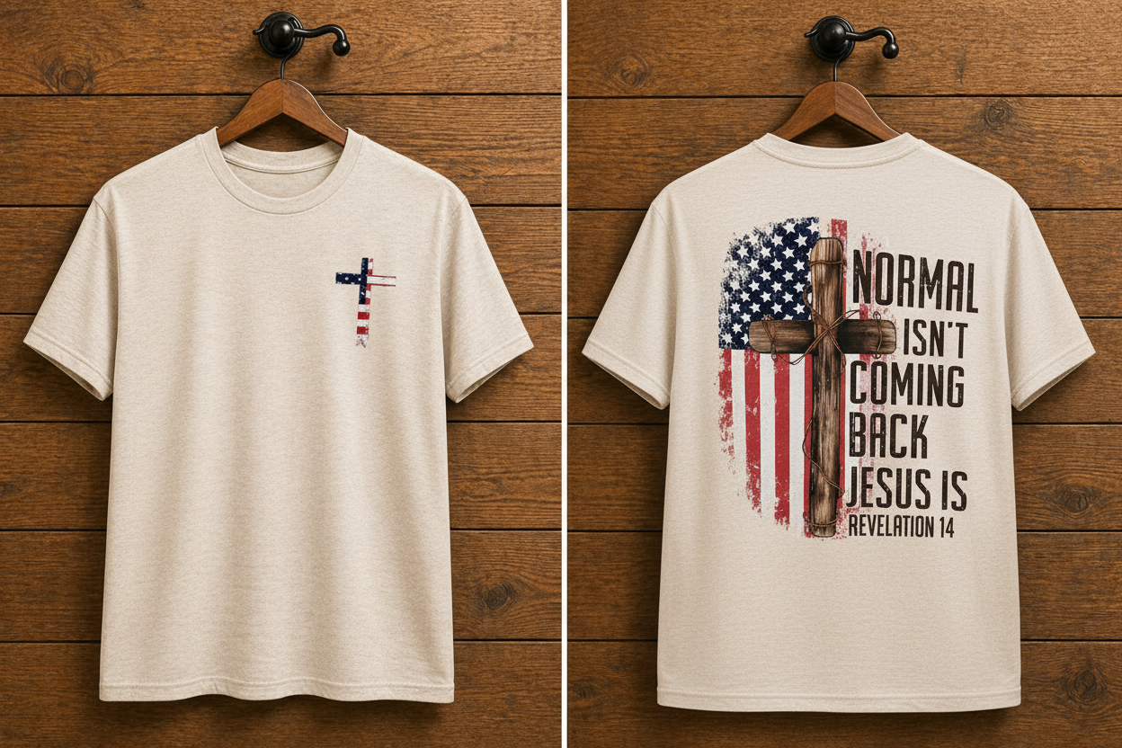 "Normal Isn't Coming Back Jesus Is front and back Christian t-shirt in Heather Oatmeal — American flag cross and Revelation 14 graphic by Pressed in Faith by