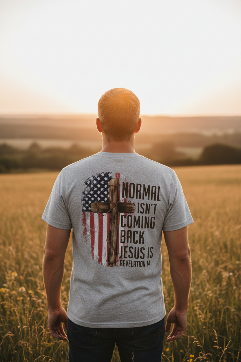 "Man showing back of Normal Isn't Coming Back Jesus Is patriotic Christian t-shirt — American flag cross and Revelation 14 graphic by Pressed in Faith by Anna"