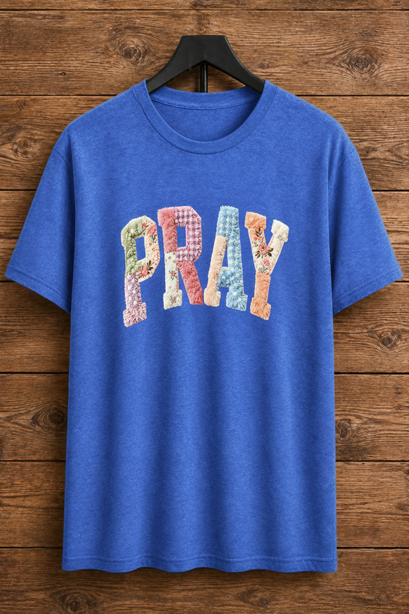 "PRAY Patchwork Floral Christian t-shirt in Blue — pastel floral chenille design by Pressed in Faith by Anna"