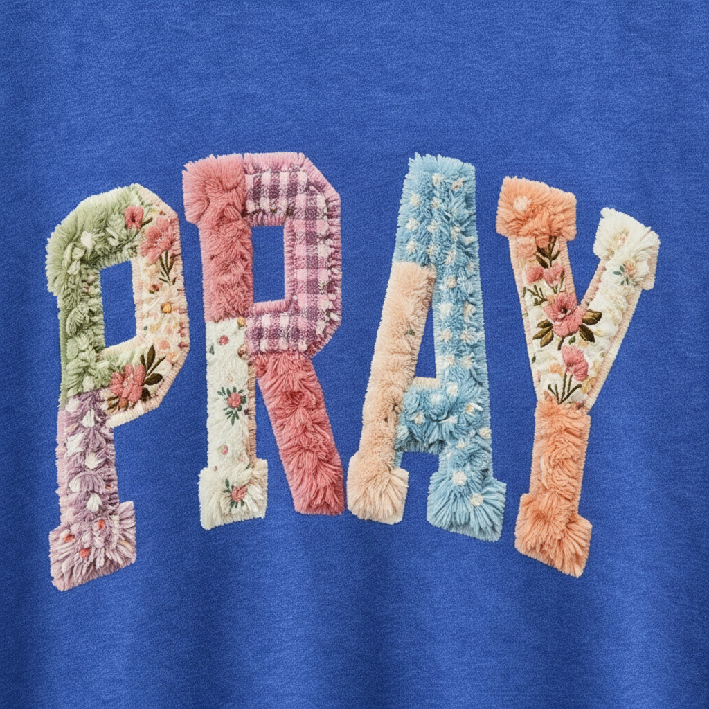 Floral embroidered letters spelling 'PRAY' on a blue background