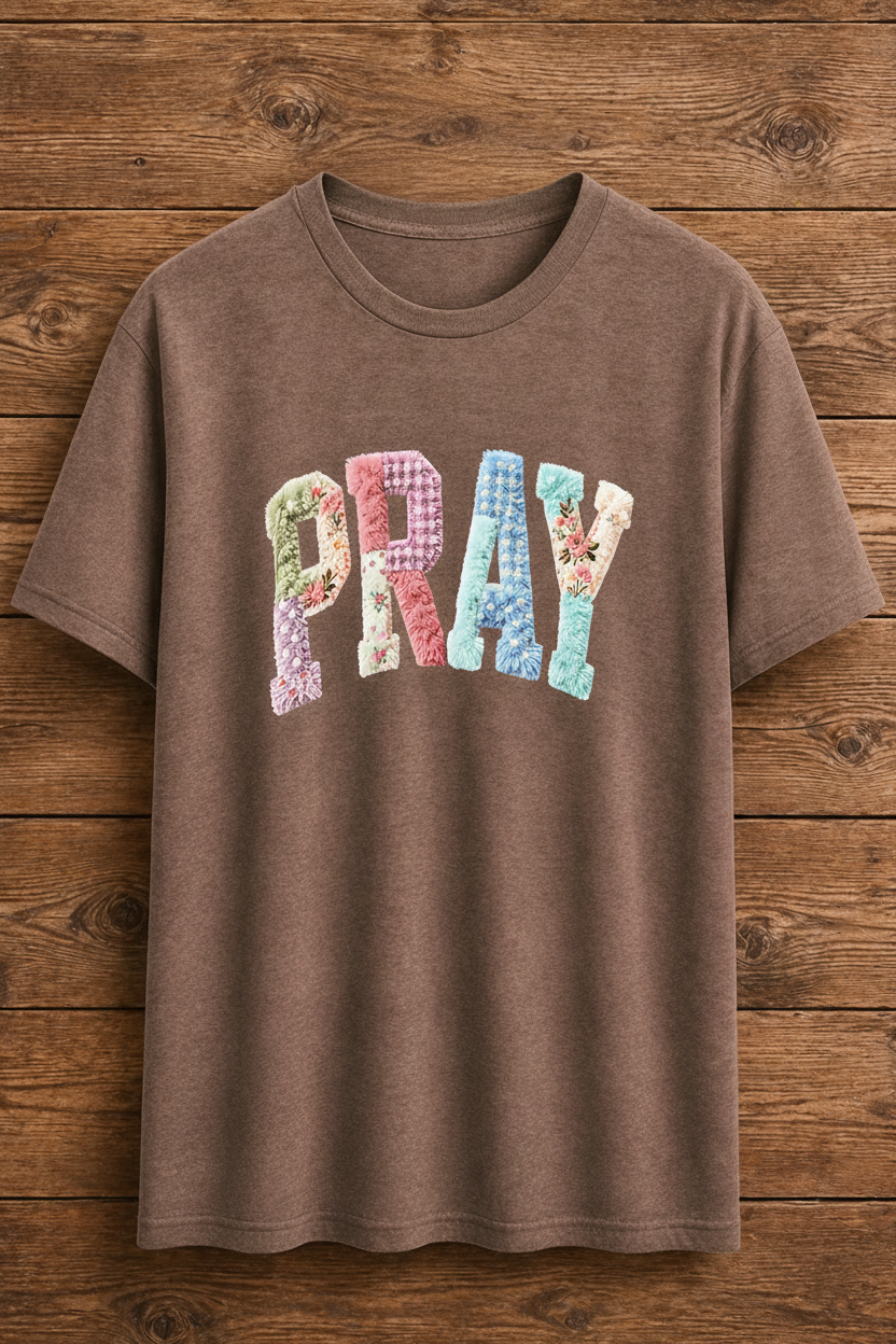 "PRAY Patchwork Floral Christian t-shirt in Cocoa Mist — pastel floral chenille design by Pressed in Faith by Anna"