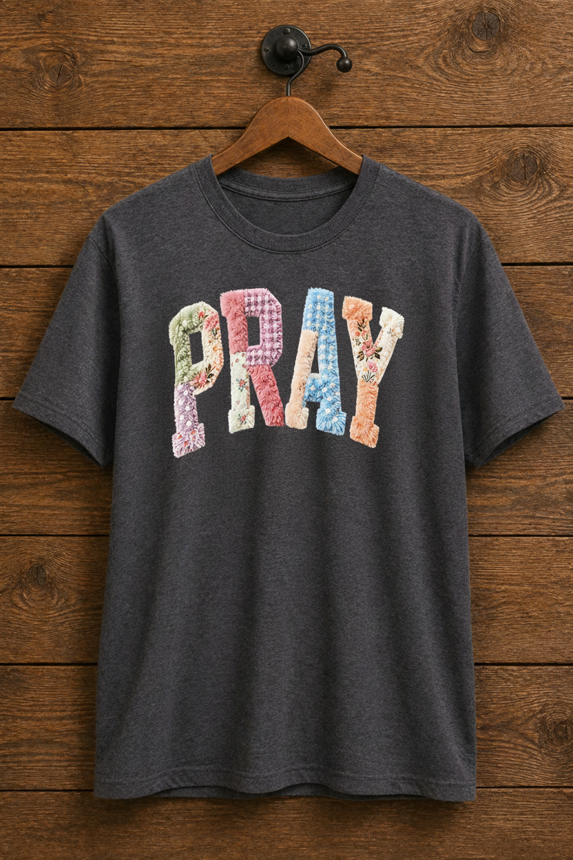"PRAY Patchwork Floral Christian t-shirt in Heather Dark Grey — pastel floral chenille design by Pressed in Faith by Anna"