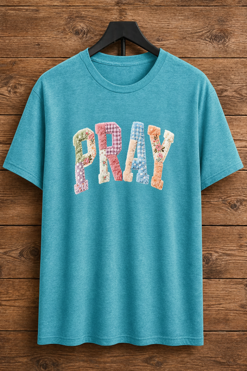 "PRAY Patchwork Floral Christian t-shirt in Heather Galapagos Blue — pastel floral chenille design by Pressed in Faith by Anna"