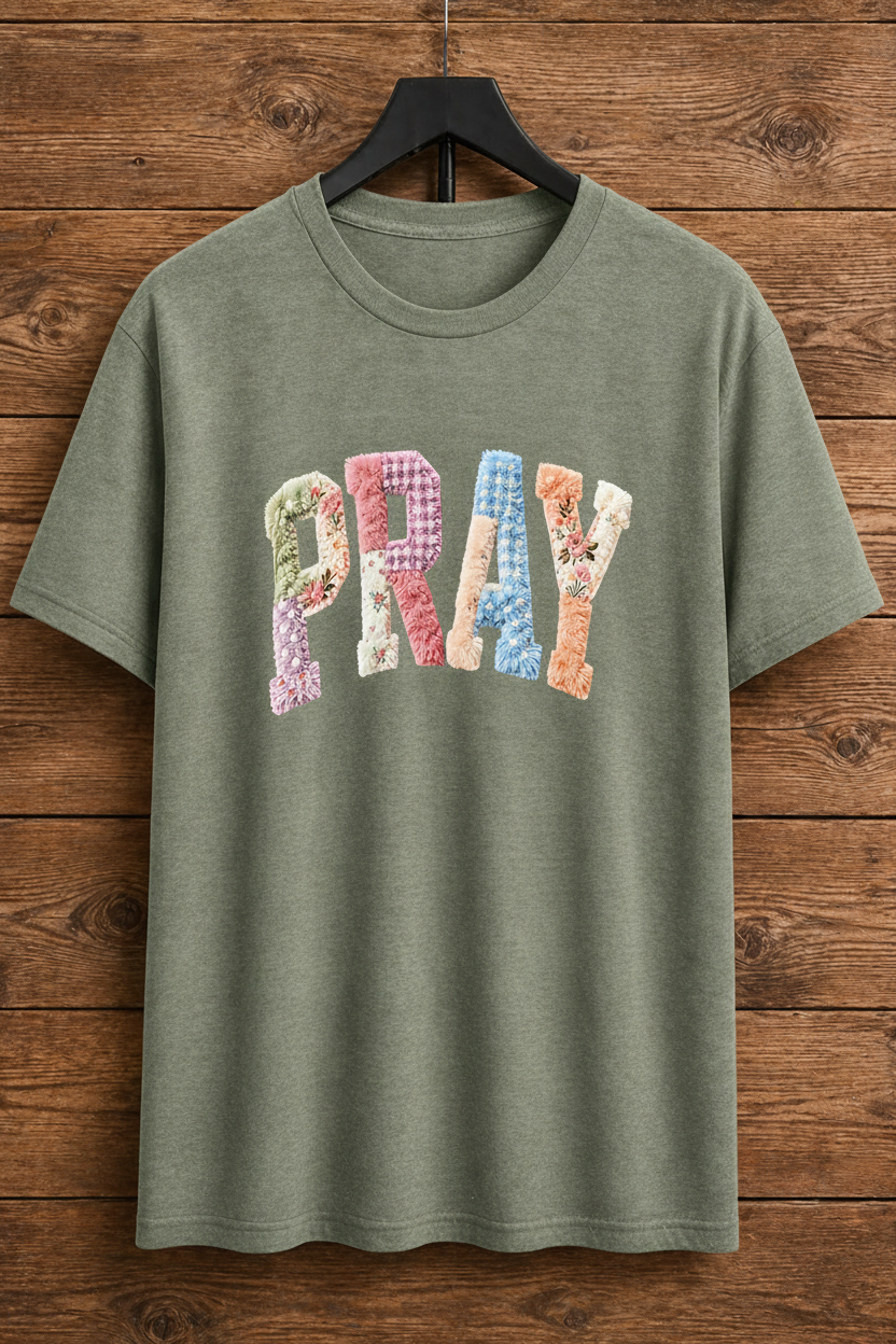 "PRAY Patchwork Floral Christian t-shirt in Heather Military Green — pastel floral chenille design by Pressed in Faith by Anna"