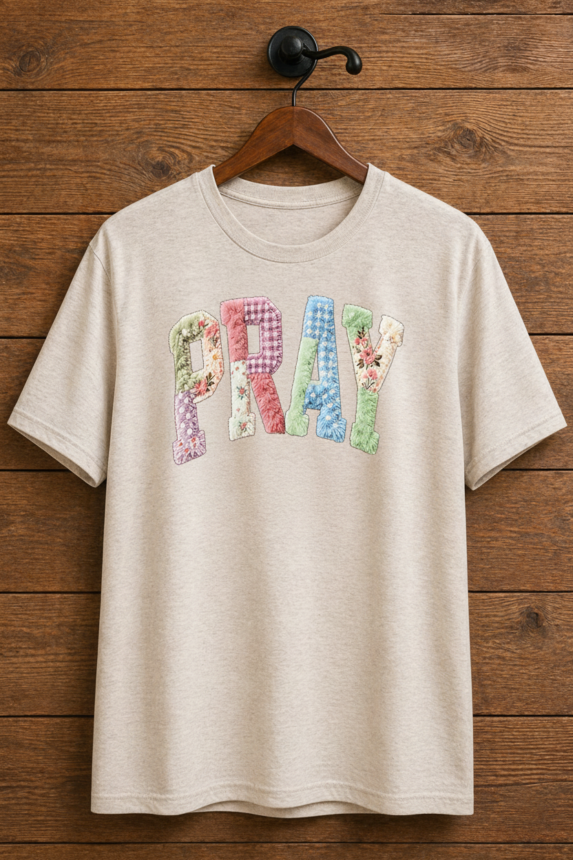 "PRAY Patchwork Floral Christian t-shirt in Heather Oatmeal — pastel floral chenille design by Pressed in Faith by Anna"