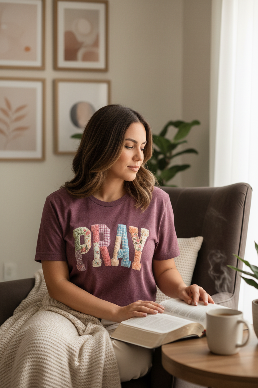 "Woman wearing PRAY Patchwork Floral Christian t-shirt in heather maroon — colorful chenille prayer tee by Pressed in Faith by Anna"