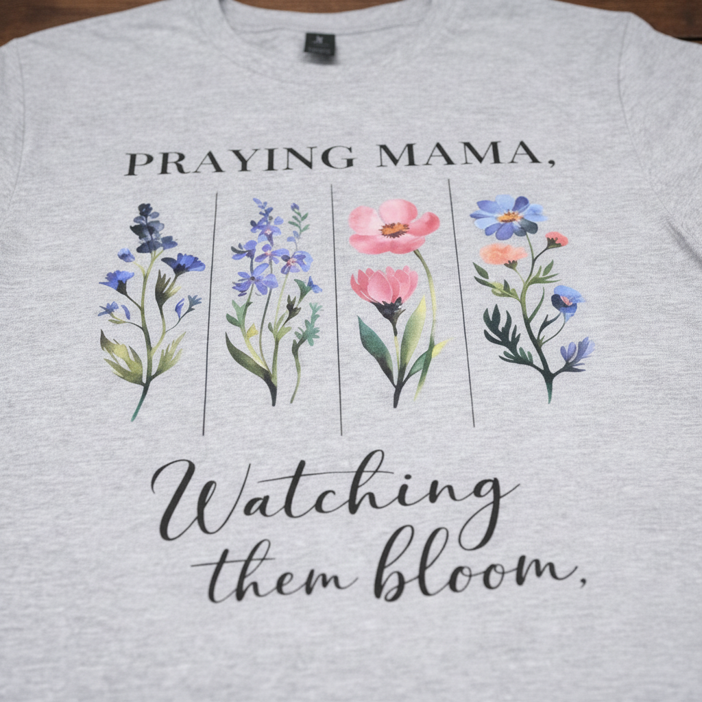 "Close-up of Praying Mama Watching Them Bloom graphic — four watercolor wildflowers in blue, lavender, pink, and periwinkle with elegant script by Pressed in Faith by Anna"