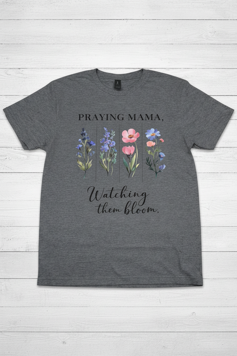 "Praying Mama Watching Them Bloom Christian t-shirt in Heather Dark Grey — watercolor wildflower graphic by Pressed in Faith by Anna"