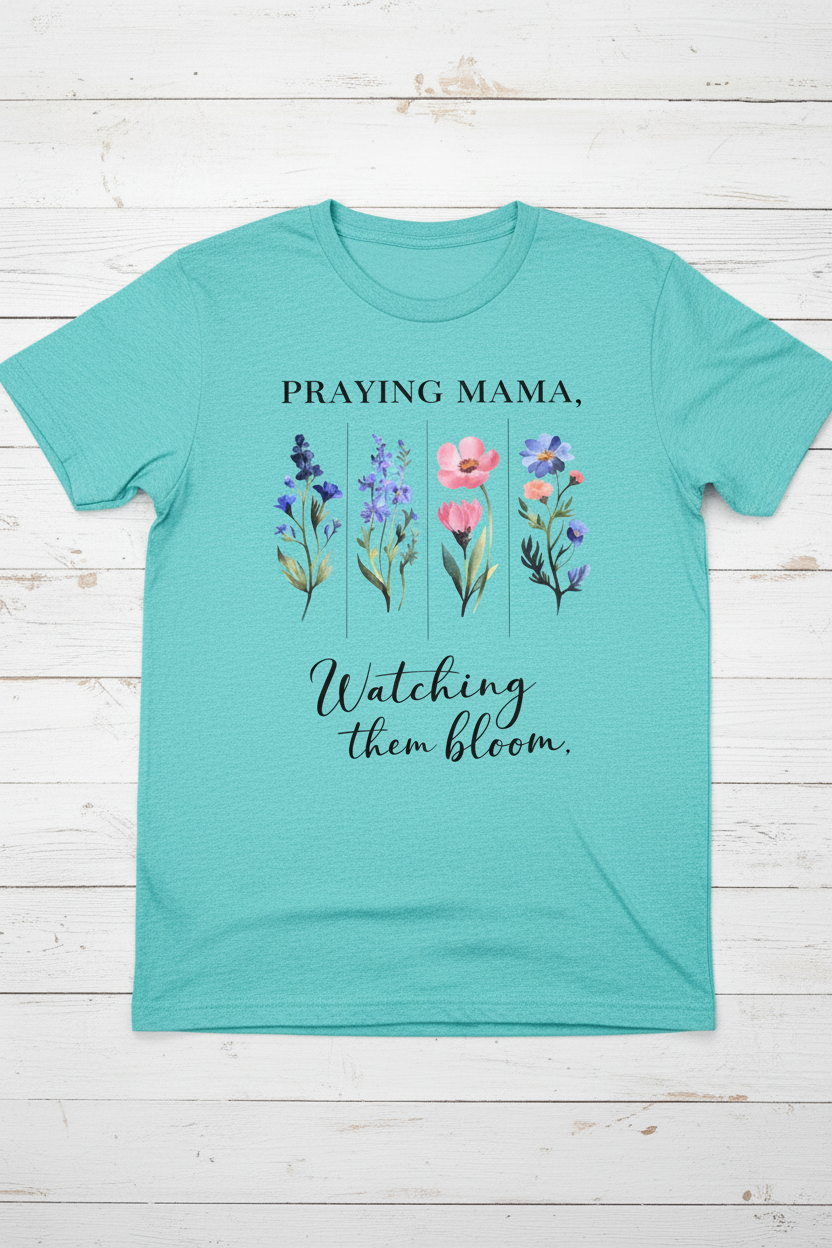 "Praying Mama Watching Them Bloom Christian t-shirt in Heather Galapagos Blue — watercolor wildflower graphic by Pressed in Faith by Anna"