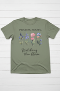 "Praying Mama Watching Them Bloom Christian t-shirt in Heather Military Green — watercolor wildflower graphic by Pressed in Faith by Anna"