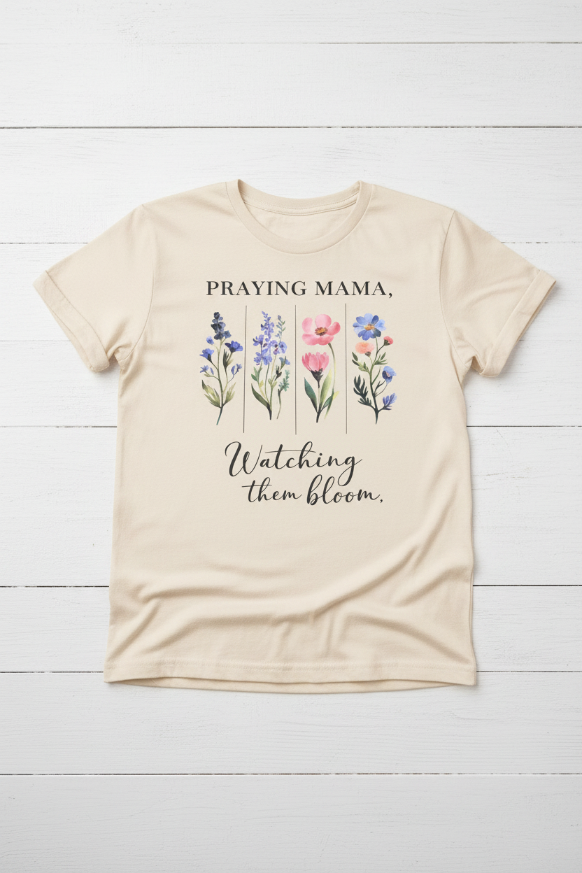 "Praying Mama Watching Them Bloom Christian t-shirt in Heather Oatmeal — watercolor wildflower graphic by Pressed in Faith by Anna"