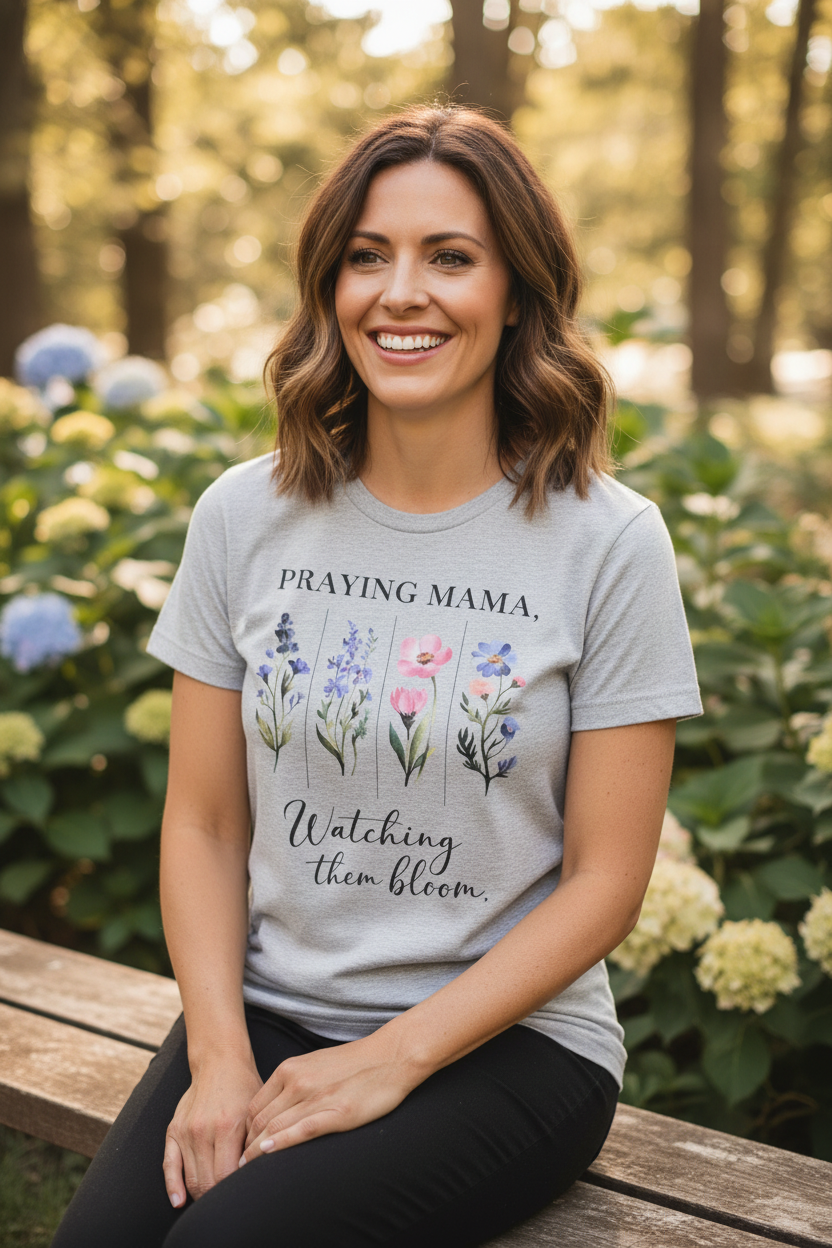 Woman wearing Praying Mama Watching Them Bloom Christian t-shirt in Sport Grey — watercolor wildflower graphic celebrating faithful motherhood by Pressed in Faith by Anna"