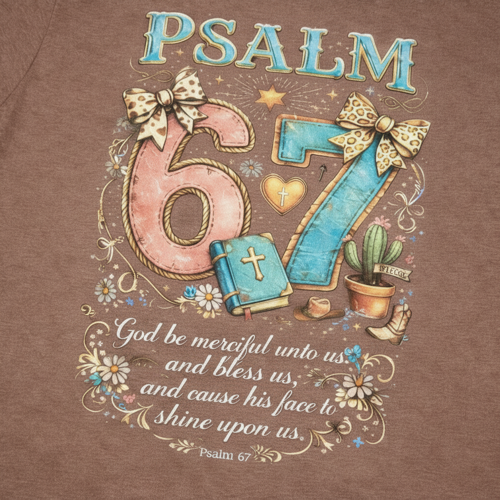 "Close-up of Psalm 67 graphic on Christian t-shirt — vibrant pink 6 and teal 7 with decorative bows, gold cross Bible, wildflowers, and Psalm 67:1 scripture by Pressed in Faith by Anna"