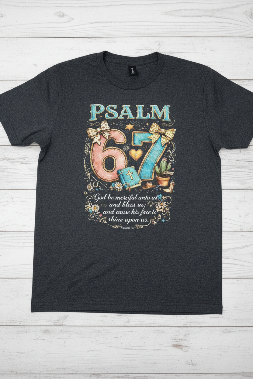 "Psalm 67 God Be Merciful Unto Us Christian t-shirt in Heather Dark Grey — colorful whimsical Psalm 67:1 graphic by Pressed in Faith by Anna"