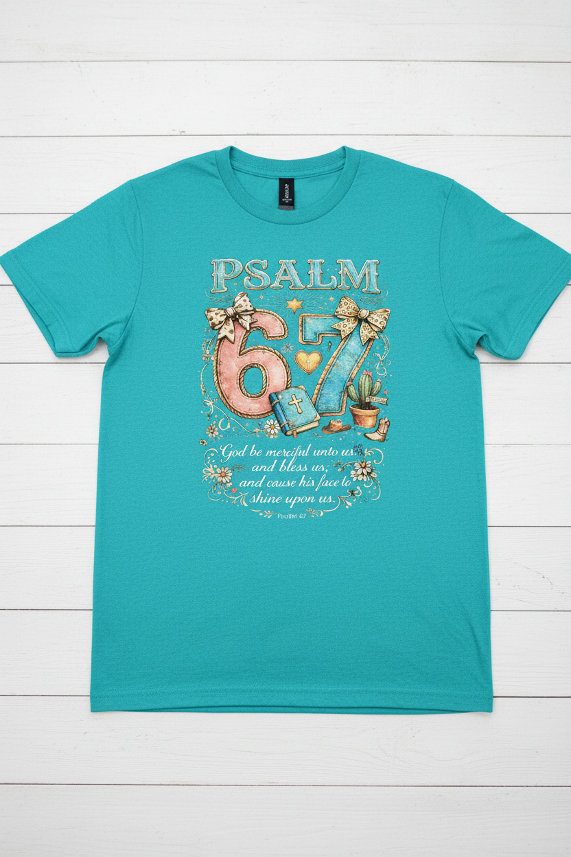 "Psalm 67 God Be Merciful Unto Us Christian t-shirt in Heather Galapagos-Blue — colorful whimsical Psalm 67:1 graphic by Pressed in Faith by Anna"
