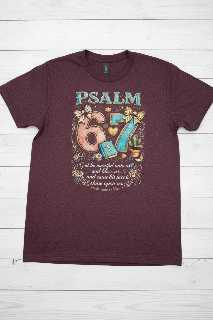 "Psalm 67 God Be Merciful Unto Us Christian t-shirt in Heather Maroon — colorful whimsical Psalm 67:1 graphic by Pressed in Faith by Anna"