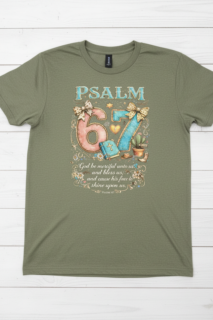 "Psalm 67 God Be Merciful Unto Us Christian t-shirt in Heather Military Green — colorful whimsical Psalm 67:1 graphic by Pressed in Faith by Anna"