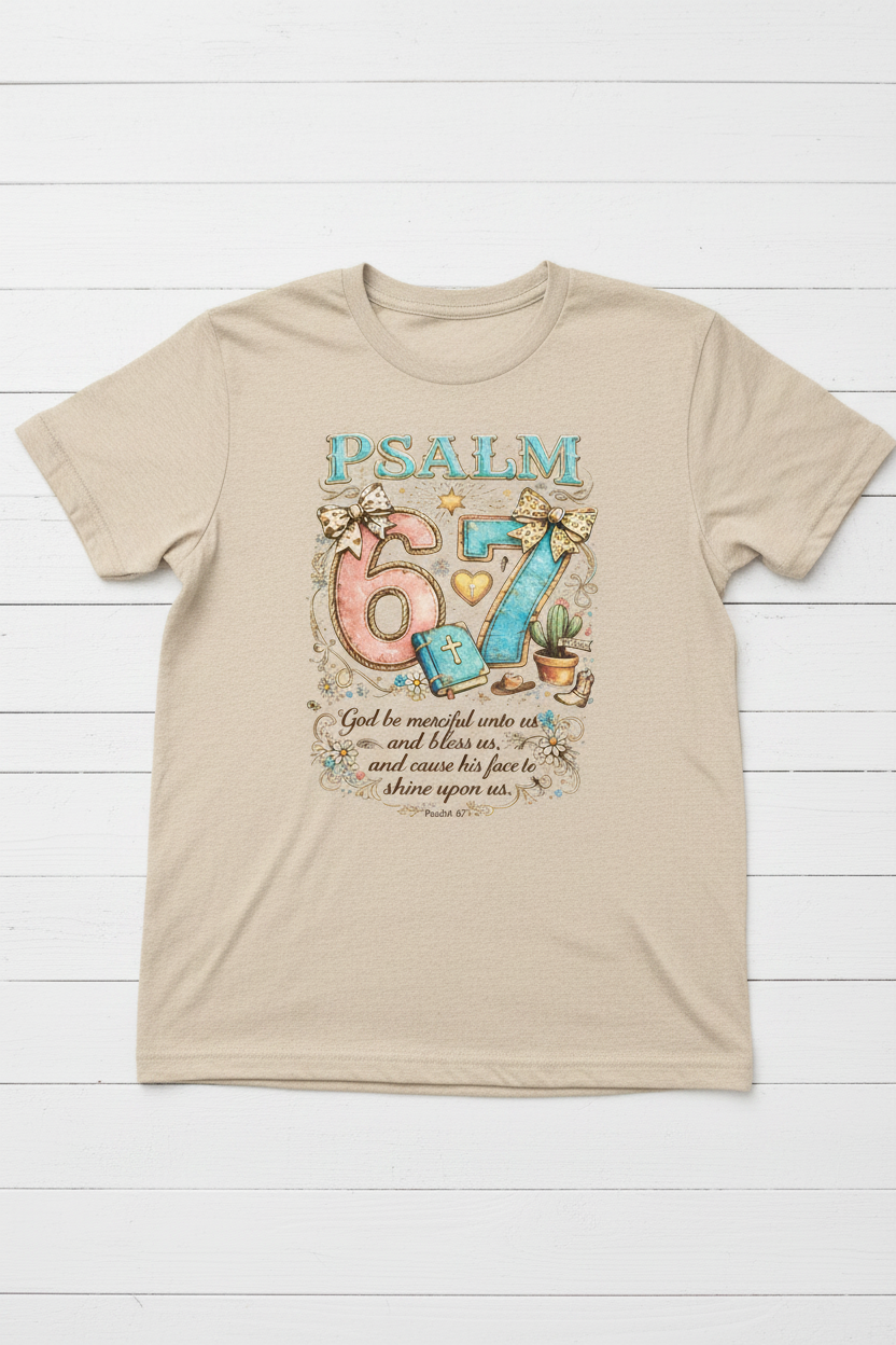 "Psalm 67 God Be Merciful Unto Us Christian t-shirt in Heather Oatmeal — colorful whimsical Psalm 67:1 graphic by Pressed in Faith by Anna"