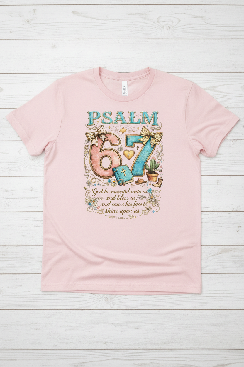 "Psalm 67 God Be Merciful Unto Us Christian t-shirt in Light Pink — colorful whimsical Psalm 67:1 graphic by Pressed in Faith by Anna"