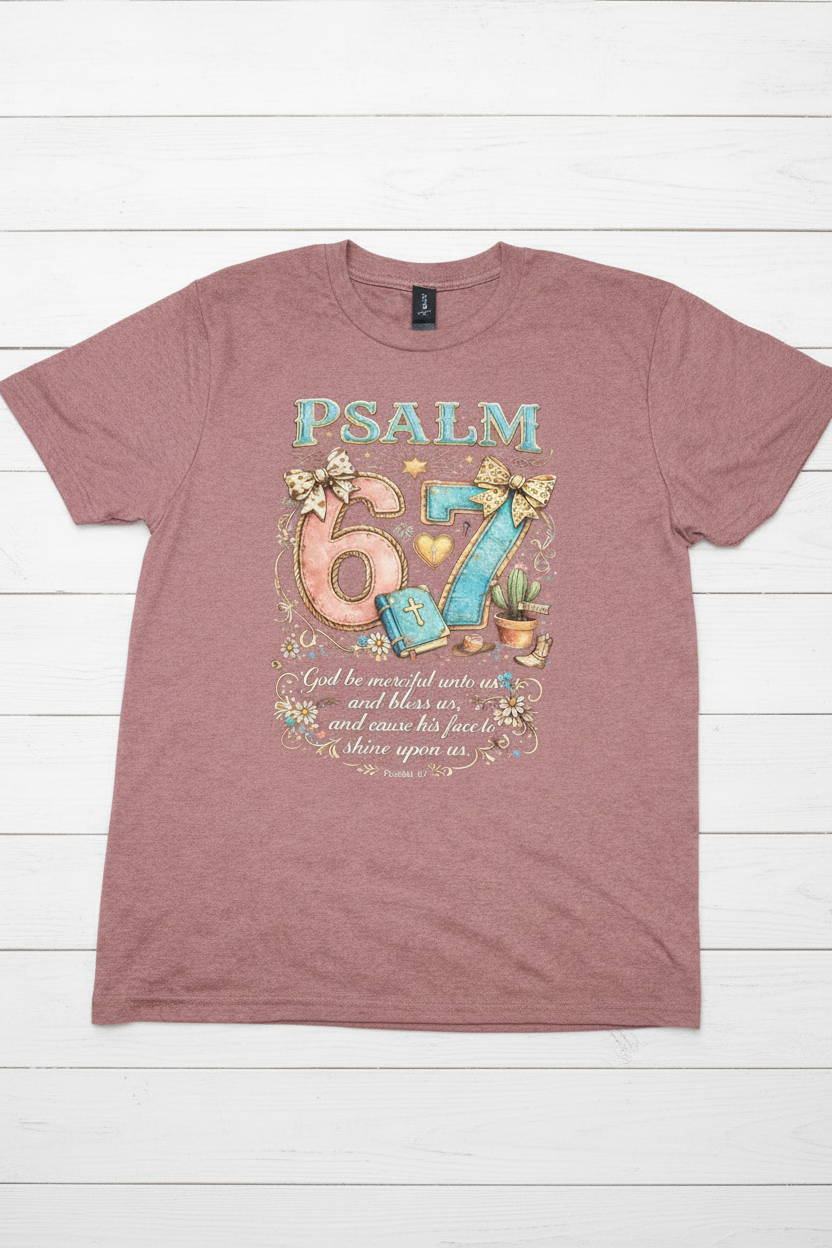 "Psalm 67 God Be Merciful Unto Us Christian t-shirt in Plumrose — colorful whimsical Psalm 67:1 graphic by Pressed in Faith by Anna"