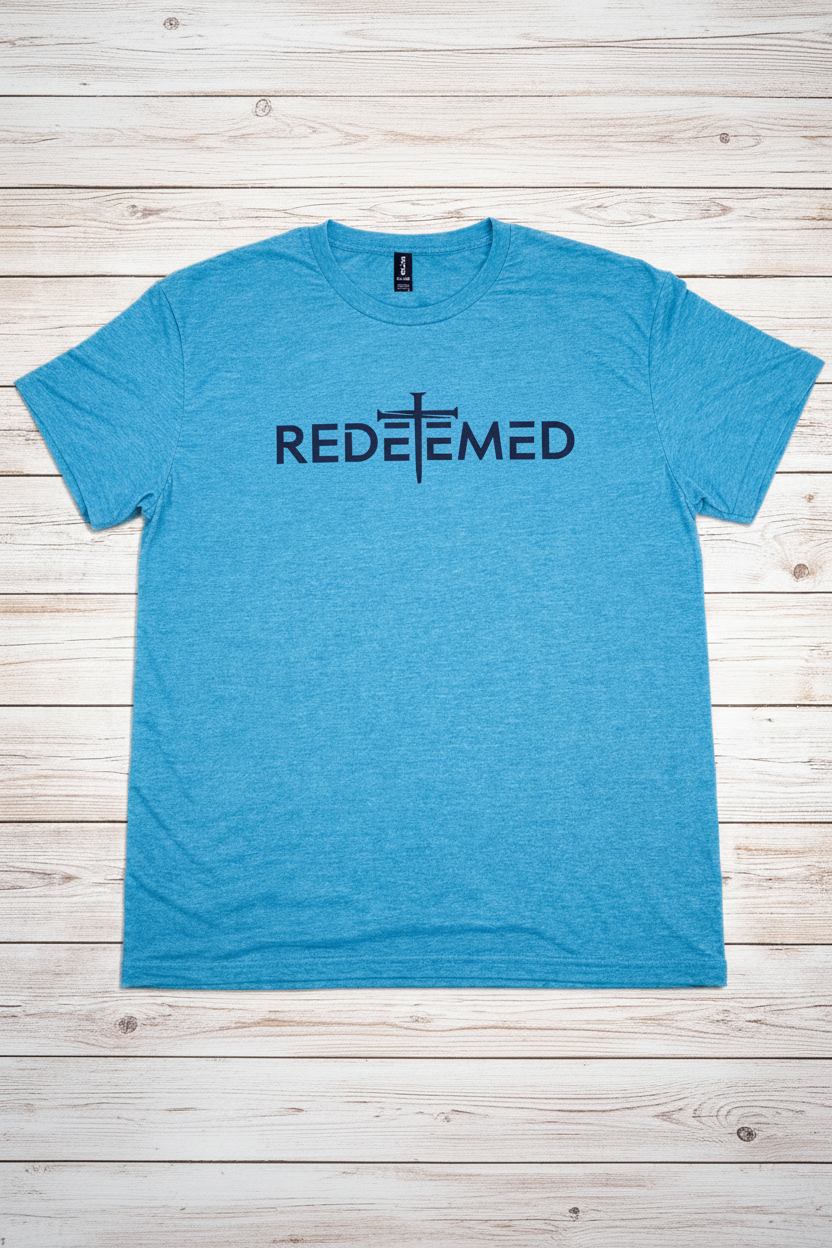 Redeemed Cross Christian t-shirt in Blue— bold minimalist REDEEMED cross graphic by Pressed in Faith by Anna"