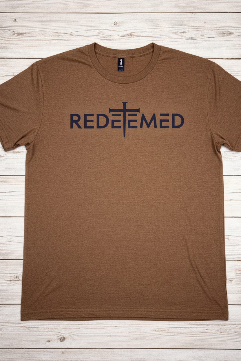"Redeemed Cross Christian t-shirt in Cocoa Mist — bold minimalist REDEEMED cross graphic by Pressed in Faith by Anna"