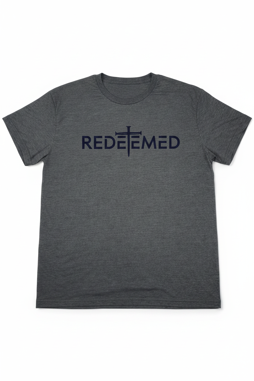 Redeemed Cross Christian t-shirt in Heather Dark Grey — bold minimalist REDEEMED cross graphic by Pressed in Faith by Anna"