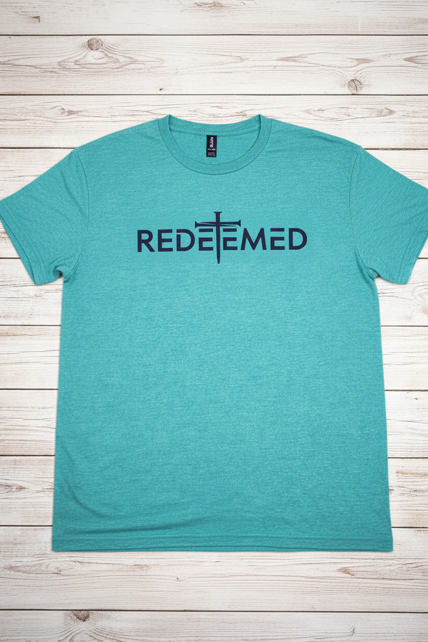 "Redeemed Cross Christian t-shirt in Heather Galapagos Blue — bold minimalist REDEEMED cross graphic by Pressed in Faith by Anna"