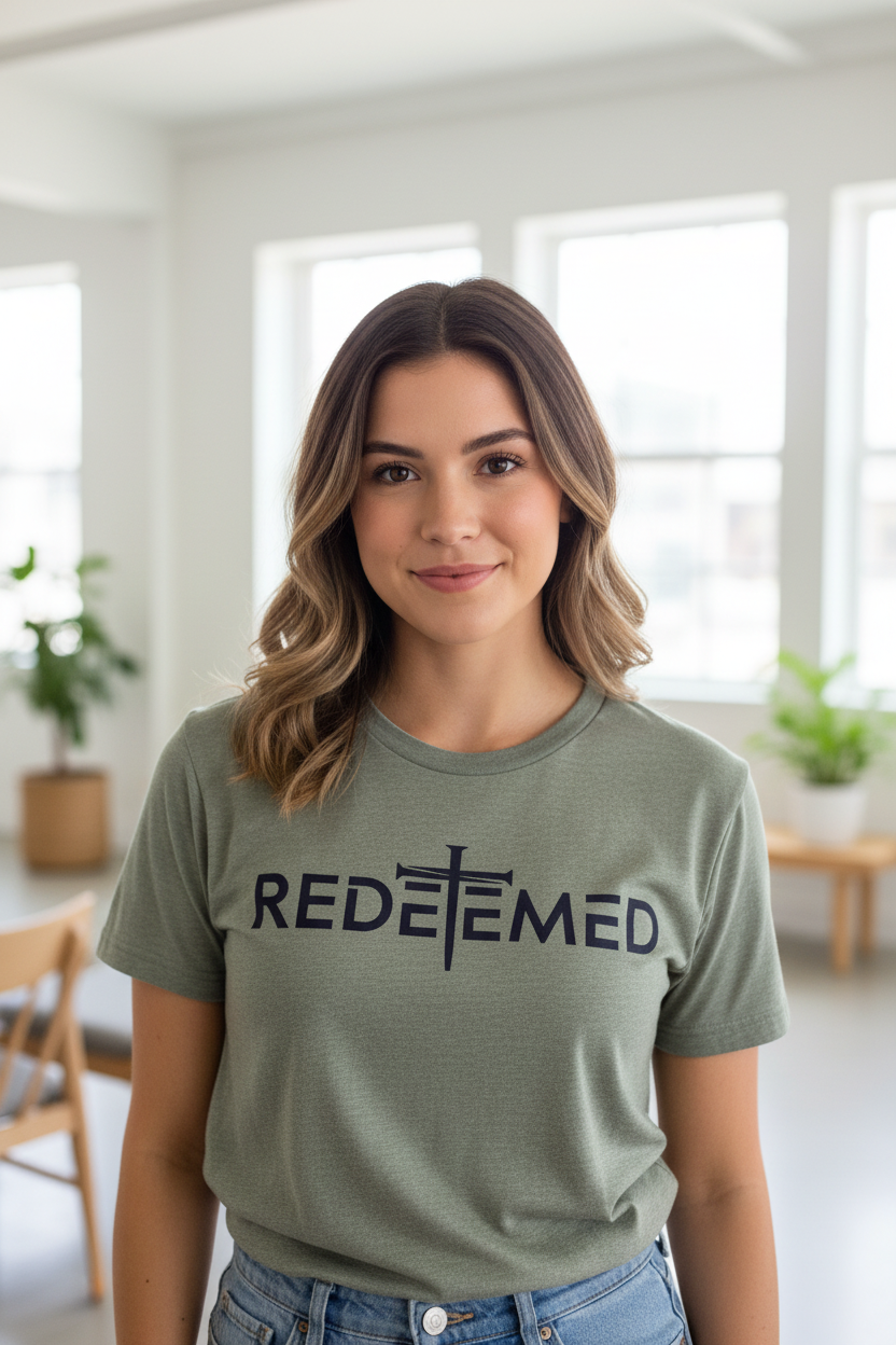 "Woman wearing Redeemed Cross Christian t-shirt in Heather Military Green — bold minimalist REDEEMED cross graphic by Pressed in Faith by Anna"