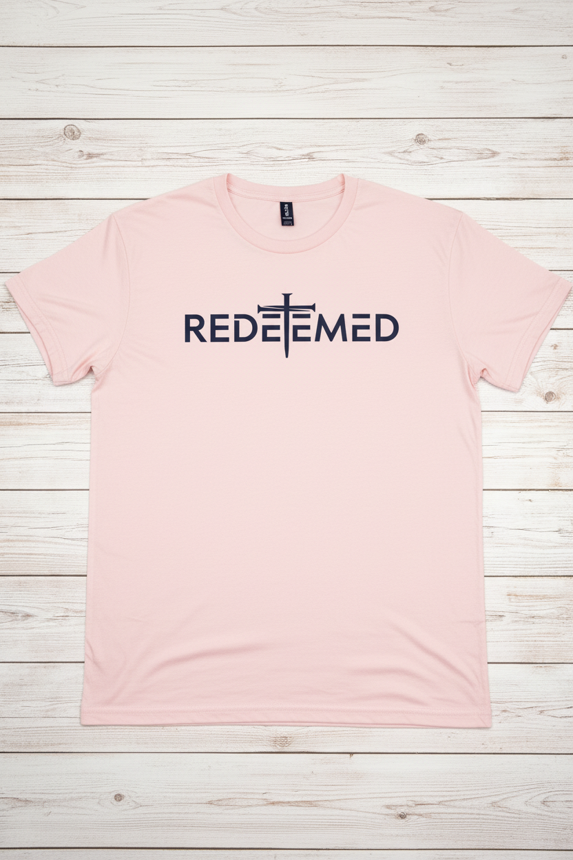 "Redeemed Cross Christian t-shirt in Light Pink — bold minimalist REDEEMED cross graphic by Pressed in Faith by Anna"