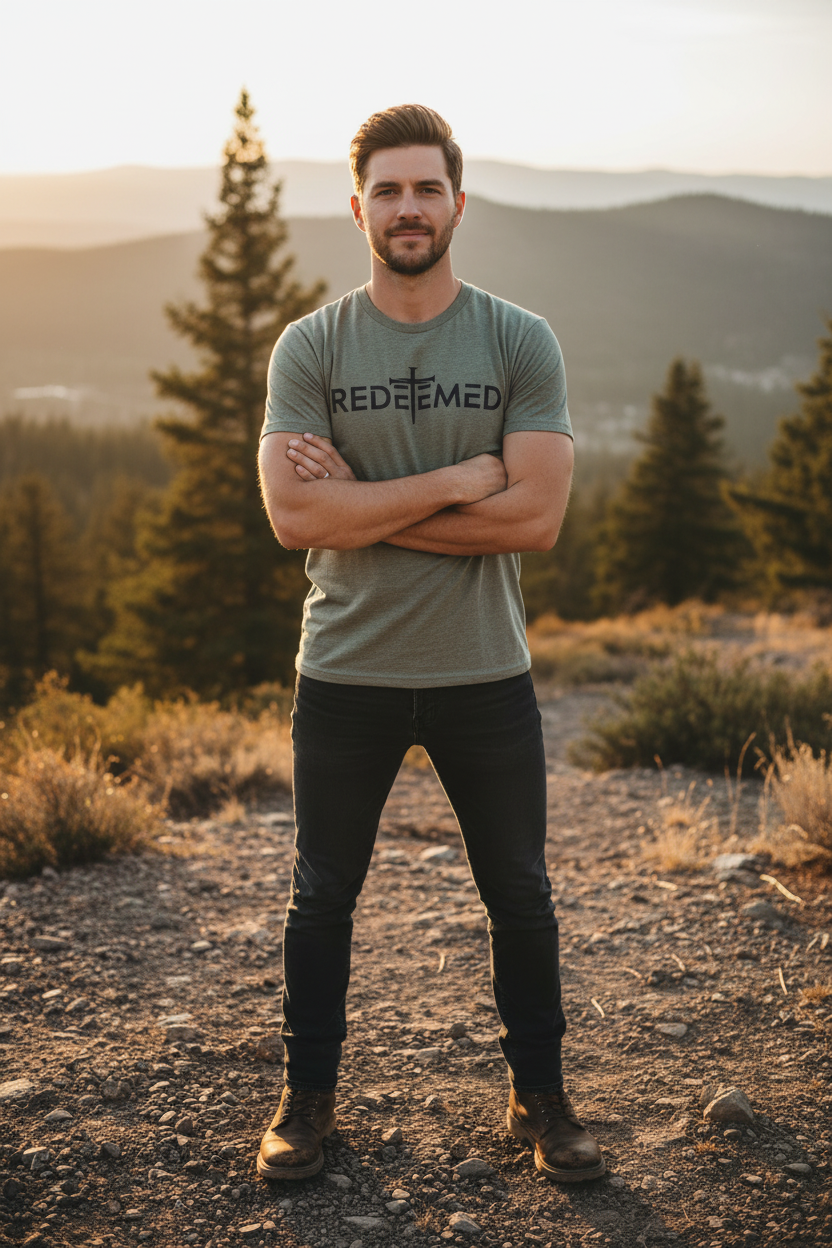 "Man wearing Redeemed Cross Christian t-shirt in Heather Military Green — bold minimalist REDEEMED cross graphic by Pressed in Faith by Anna"