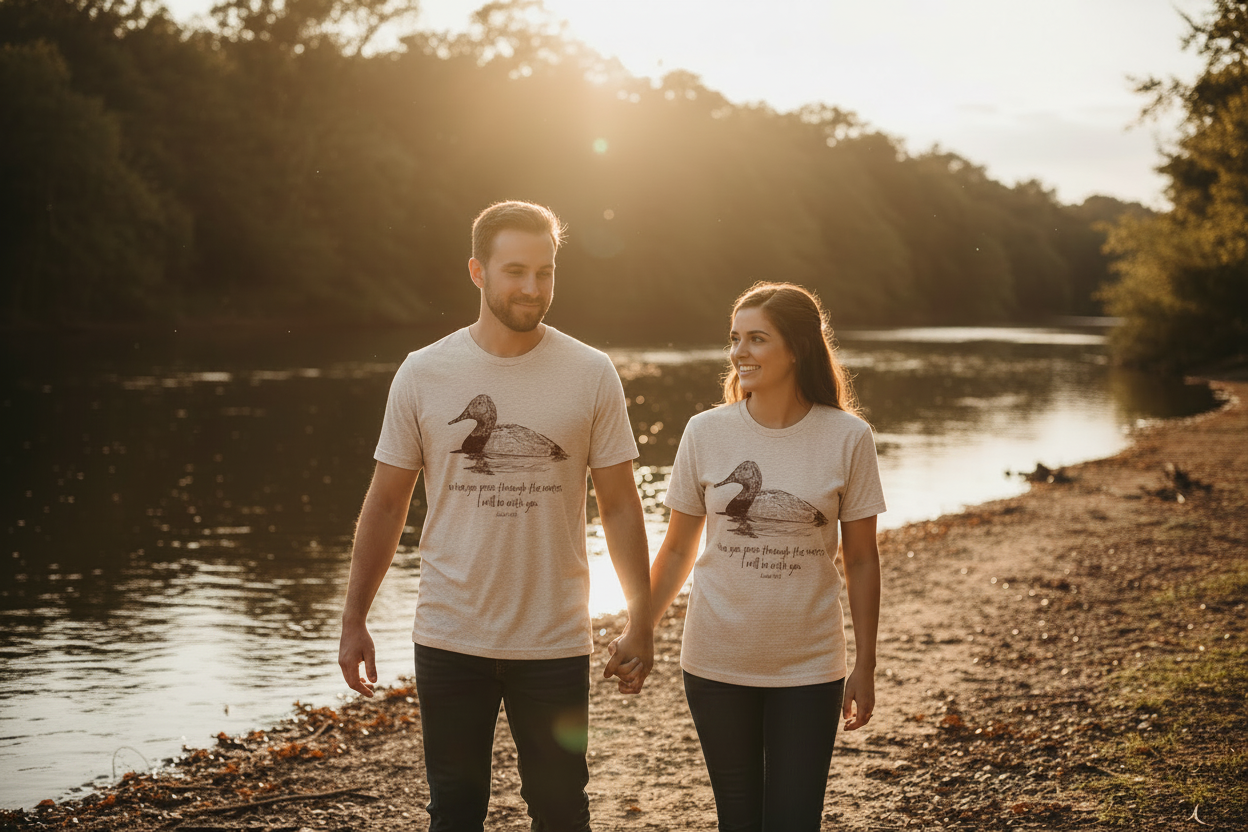 "Man and woman wearing When You Pass Through the Waters Isaiah 43:2 Christian t-shirt by a peaceful lake — faith-inspired apparel by Pressed in Faith by Anna"