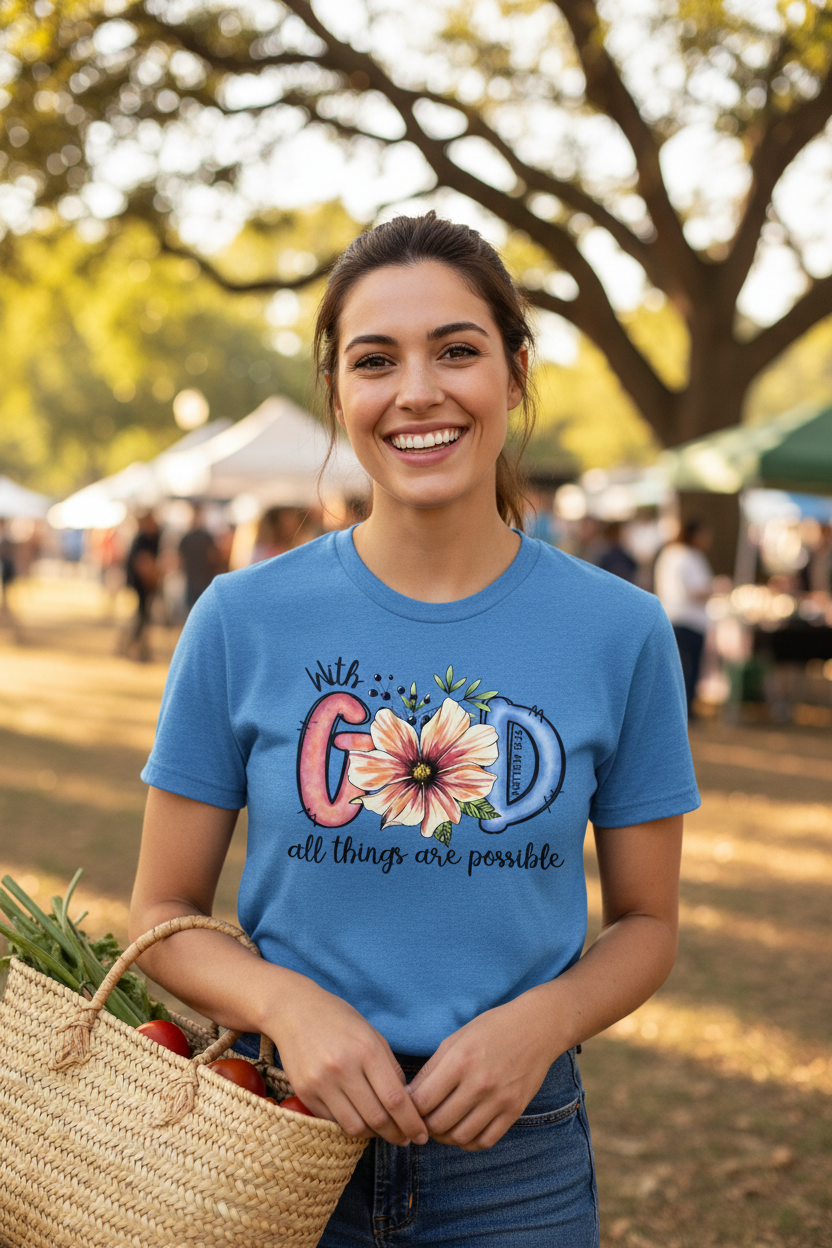 "Woman wearing With God All Things Are Possible Christian t-shirt in Blue — watercolor floral Matthew 19:26 graphic by Pressed in Faith by Anna"