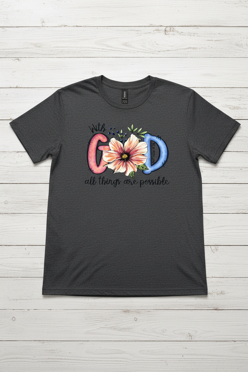 "With God All Things Are Possible Christian t-shirt in Heather Dark Grey — watercolor floral Matthew 19:26 graphic by Pressed in Faith by Anna"
