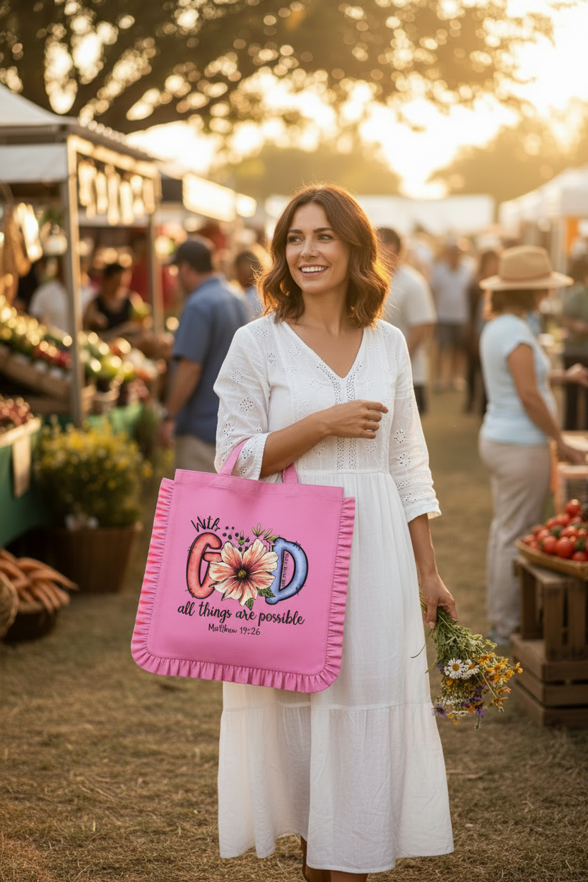 "Woman carrying With God All Things Are Possible ruffle tote bag in Pink — floral Matthew 19:26 graphic by Pressed in Faith by Anna"