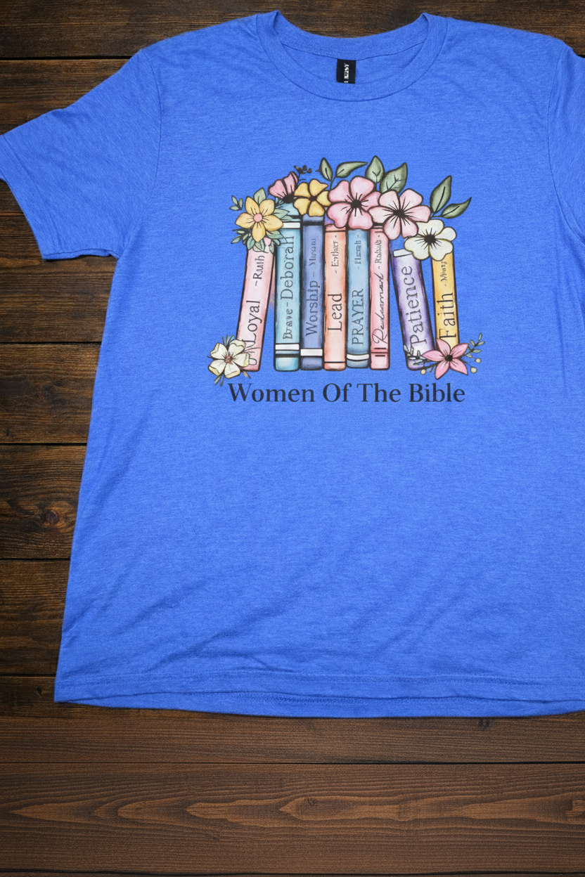 "Women of the Bible Christian t-shirt in Blue — soft pastel floral book spine graphic by Pressed in Faith by Anna"