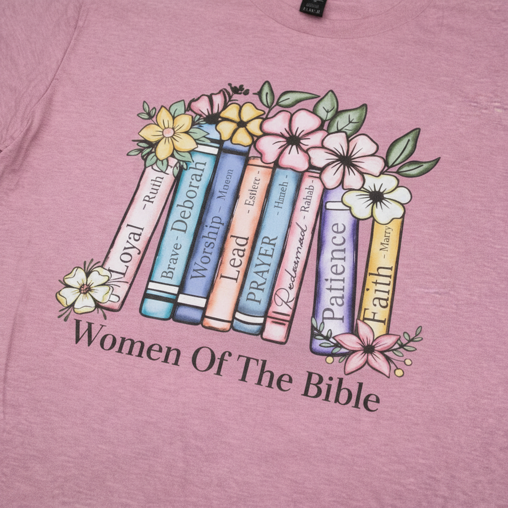 "Close-up of Women of the Bible graphic — colorful pastel book spines with Loyal/Ruth, Brave/Deborah, Prayer/Hannah, Faith/Mary and delicate watercolor flowers by Pressed in Faith by Anna"