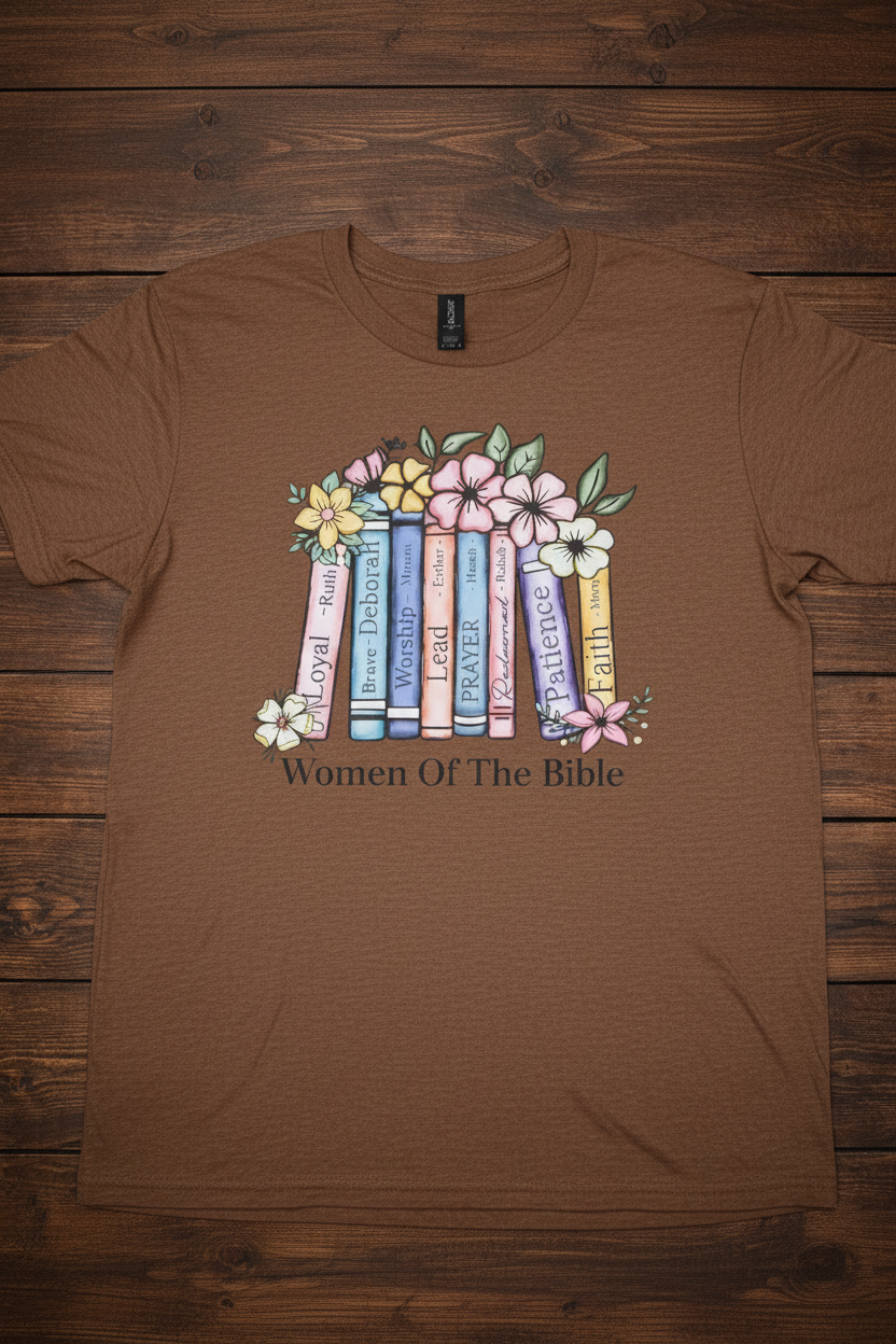 "Women of the Bible Christian t-shirt in Cocoa Mist — soft pastel floral book spine graphic by Pressed in Faith by Anna"