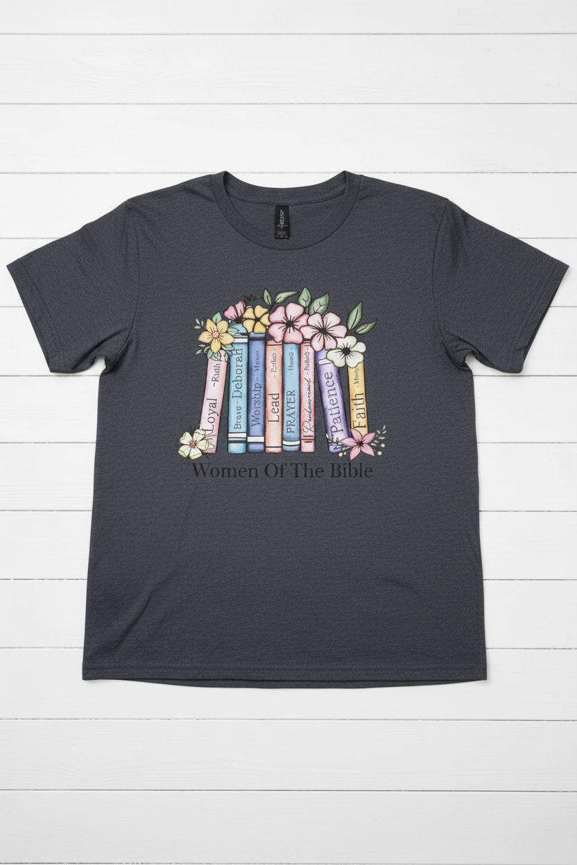 "Women of the Bible Christian t-shirt in Heather Dark Grey — soft pastel floral book spine graphic by Pressed in Faith by Anna"