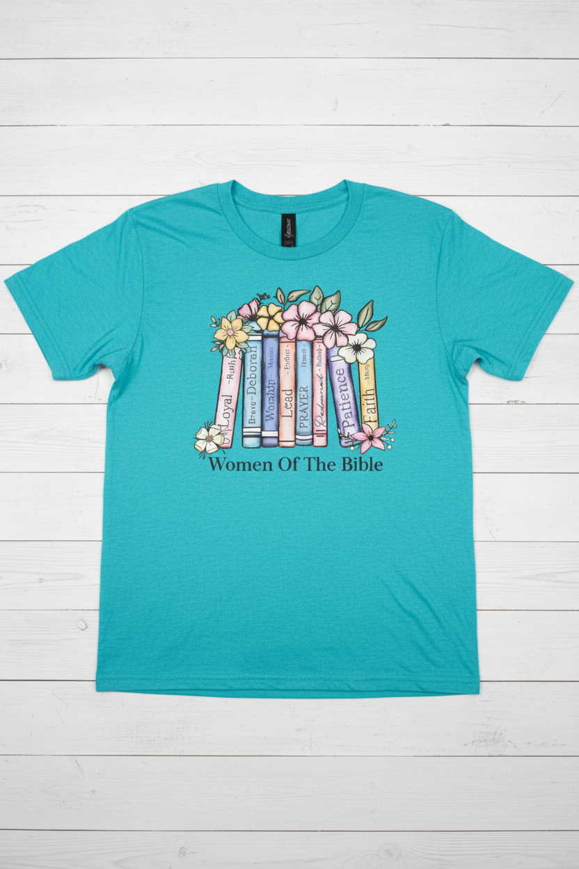"Women of the Bible Christian t-shirt in Heather Galapagos Blue — soft pastel floral book spine graphic by Pressed in Faith by Anna"