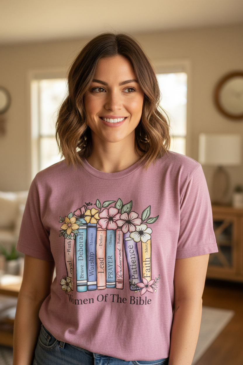 "Woman wearing Women of the Bible Christian t-shirt — soft pastel floral book spine graphic featuring Ruth, Deborah, Esther, Hannah, Mary and more by Pressed in Faith by Anna"