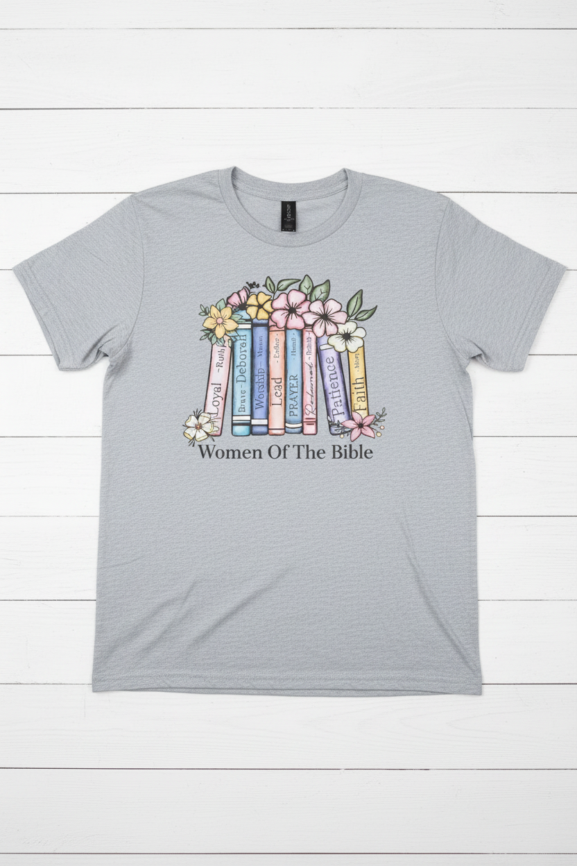 "Women of the Bible Christian t-shirt in Sport Grey — soft pastel floral book spine graphic by Pressed in Faith by Anna"