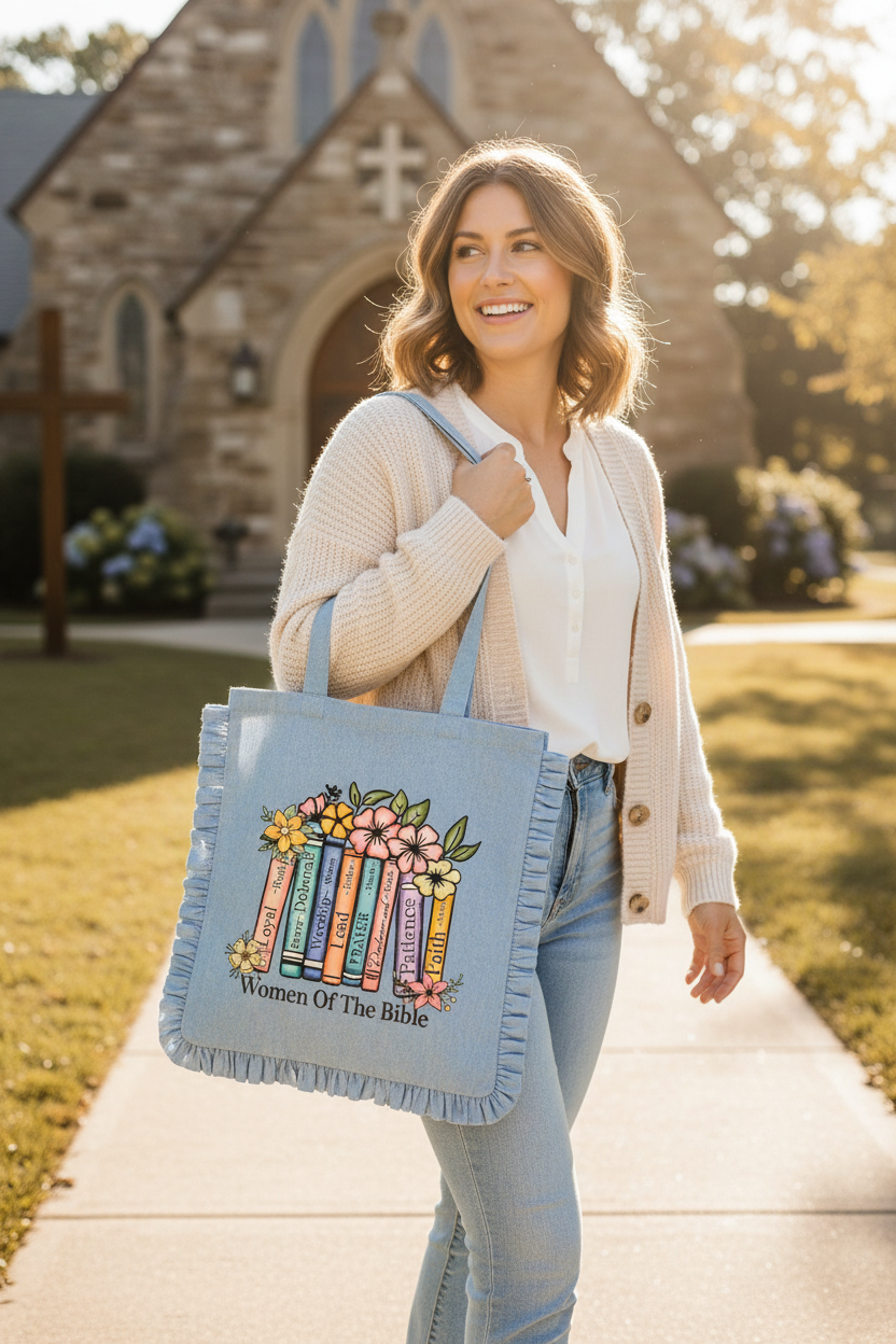  "Woman carrying Women of the Bible ruffle tote bag in Denim Blue — faith-inspired gift for her by Pressed in Faith by Anna"